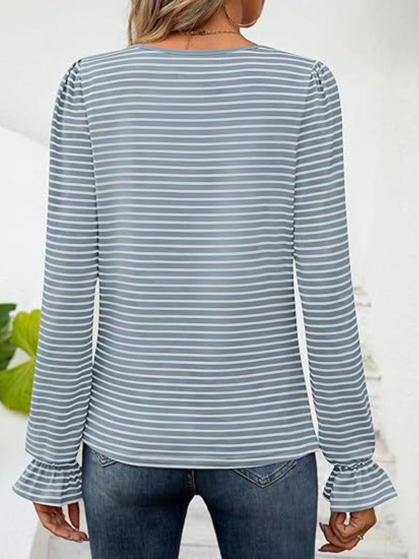 Fast Shipping-Striped Square Neck Flounce Sleeve Top