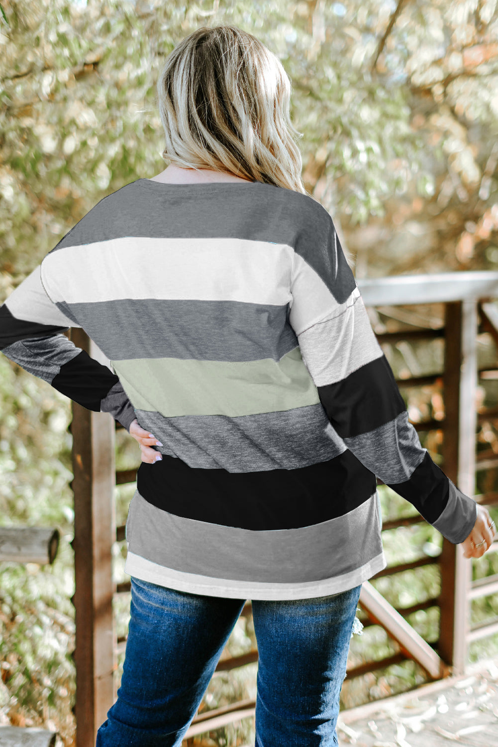 Plus Size Striped Slit Long Sleeve T-Shirt PLUS