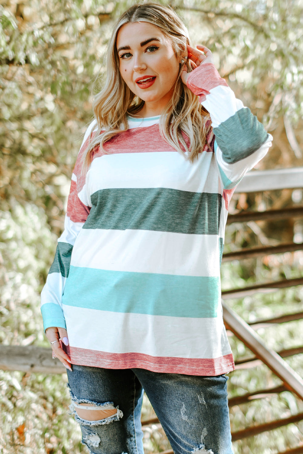 Plus Size Striped Slit Long Sleeve T-Shirt PLUS