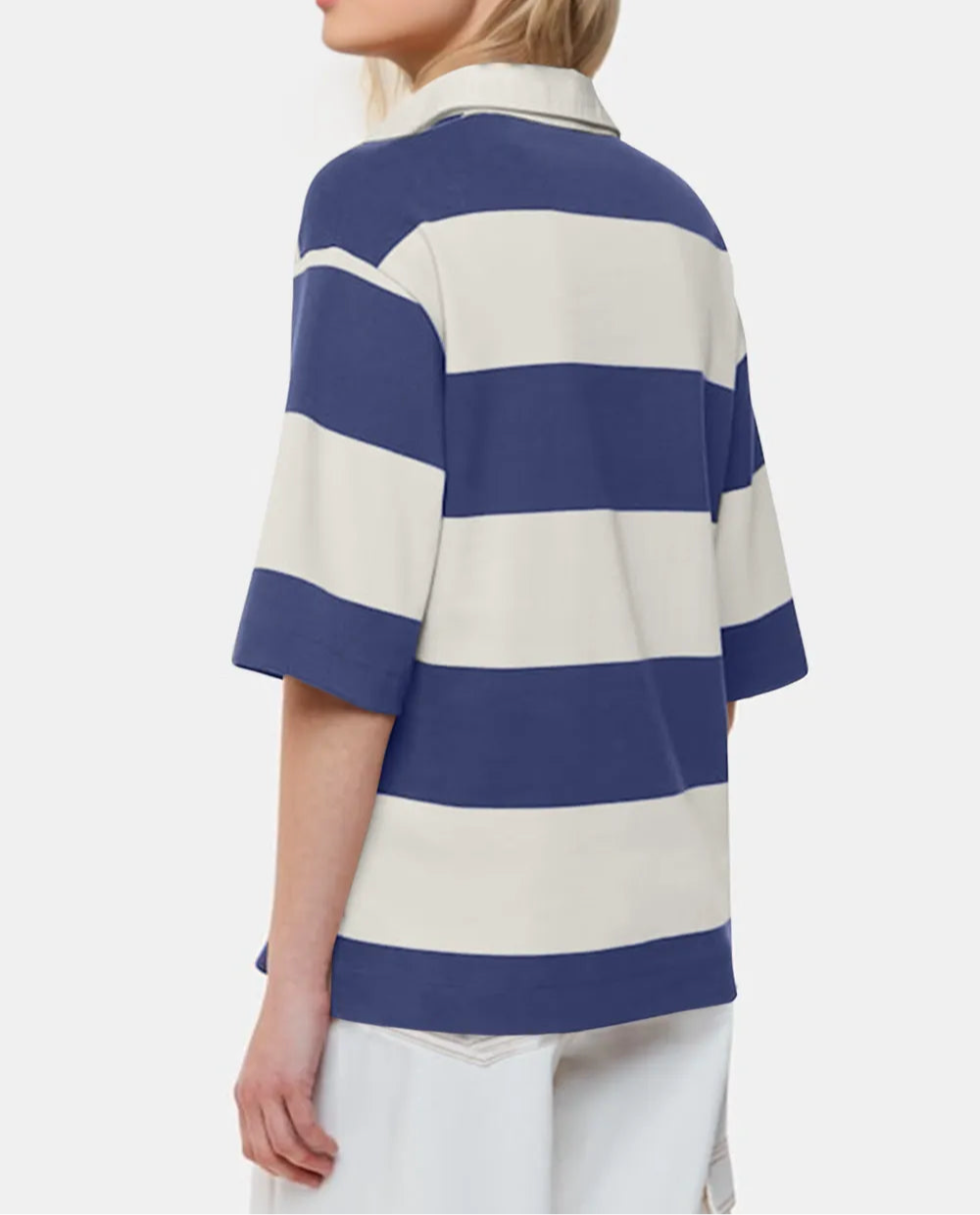 Oh Pima Cotton Wash Color Block Johnny Collar Half Sleeve Top