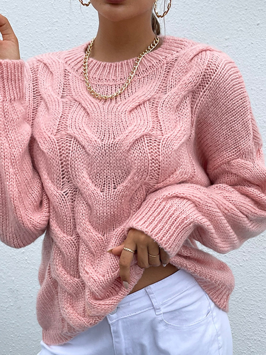 Shiny Cable-Knit Round Neck Long Sleeve Sweater