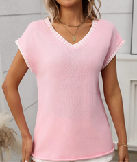 Contrast Trim V-Neck Short Sleeve Knit Top