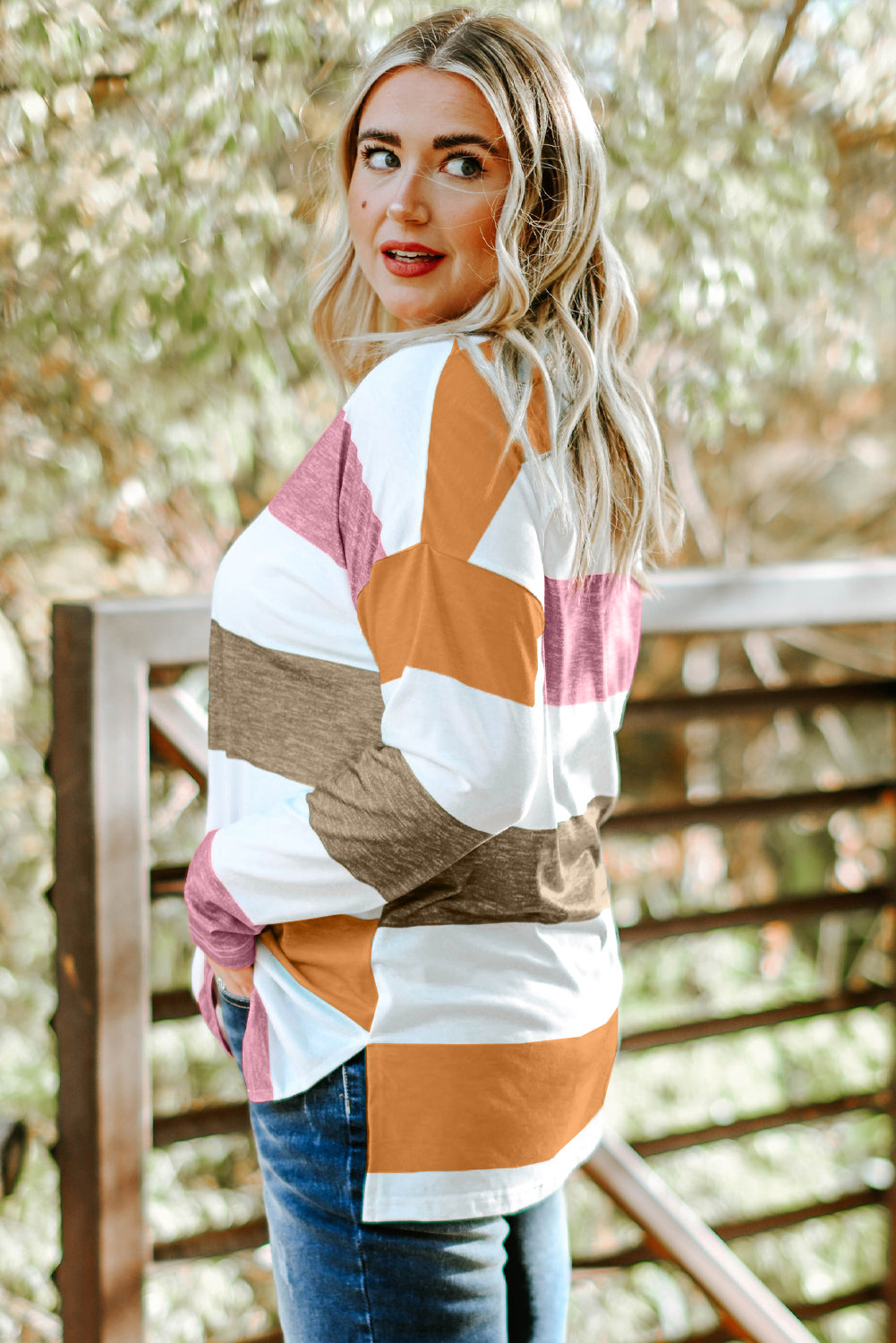 Plus Size Striped Slit Long Sleeve T-Shirt PLUS