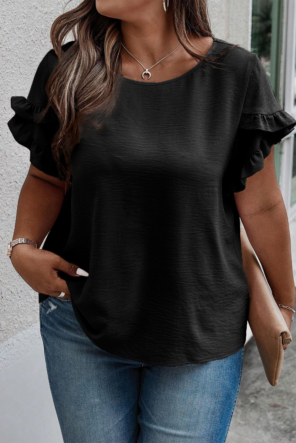 Plus Size Ruffled Round Neck Short Sleeve Blouse PLUS