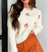 Halloween Pumpkin Embroidered Round Neck Long Sleeve Sweater