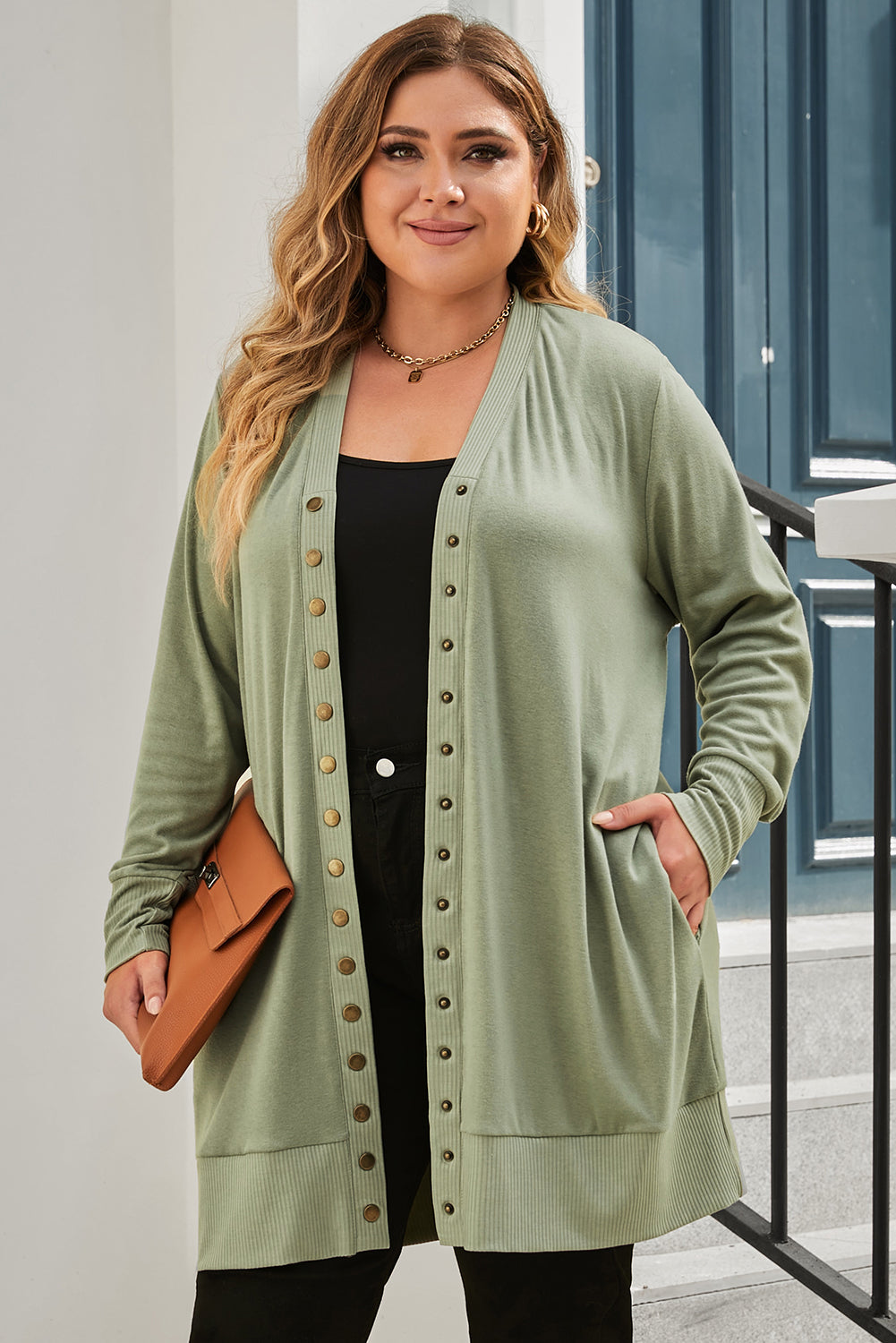 Snap Up V-Neck Long Sleeve Cardigan with Pockets