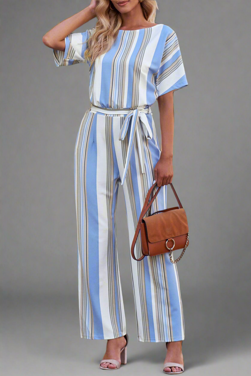 Tied Striped Round Neck Short Sleeve Jumpsuit