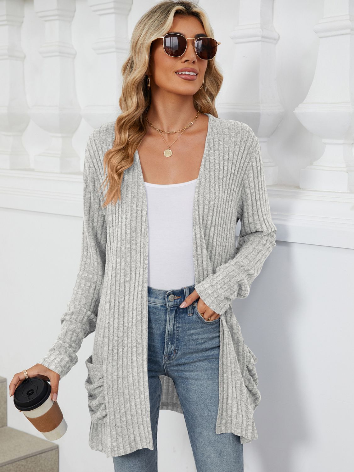 Fast Shipping-Pocketed Open Front Long Sleeve Cardigan