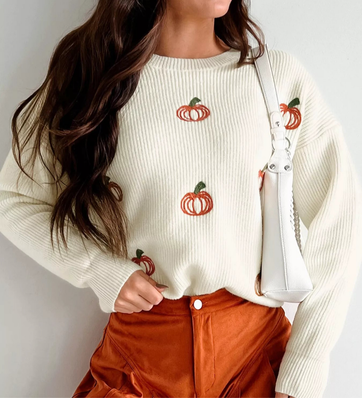 Halloween Pumpkin Embroidered Round Neck Long Sleeve Sweater