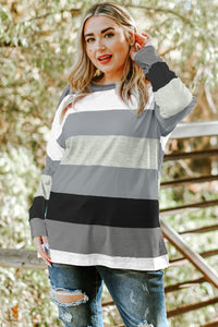 Plus Size Striped Slit Long Sleeve T-Shirt PLUS