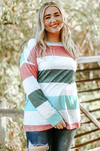 Plus Size Striped Slit Long Sleeve T-Shirt PLUS