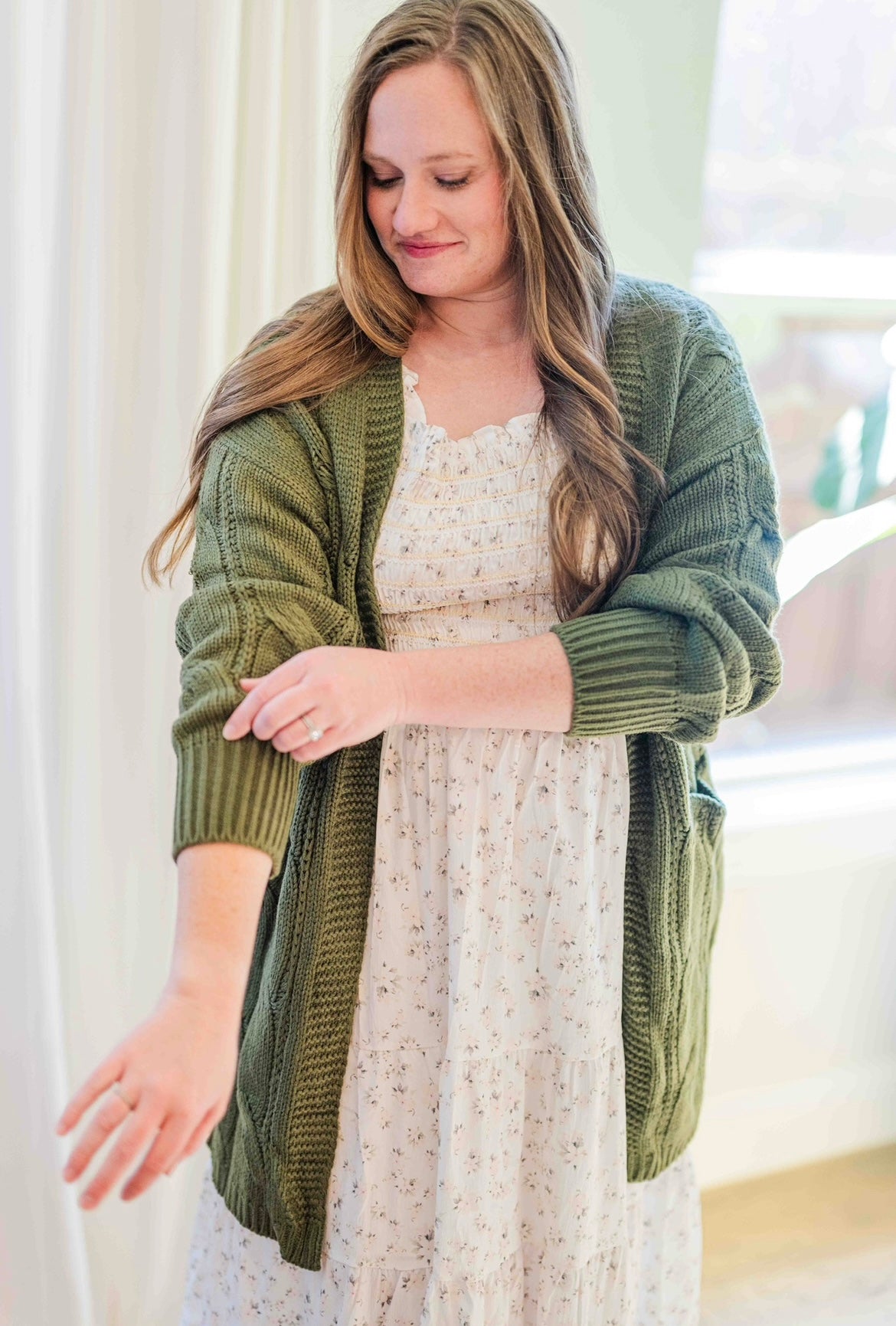 Cable-Knit Dropped Shoulder Slit Cardigan