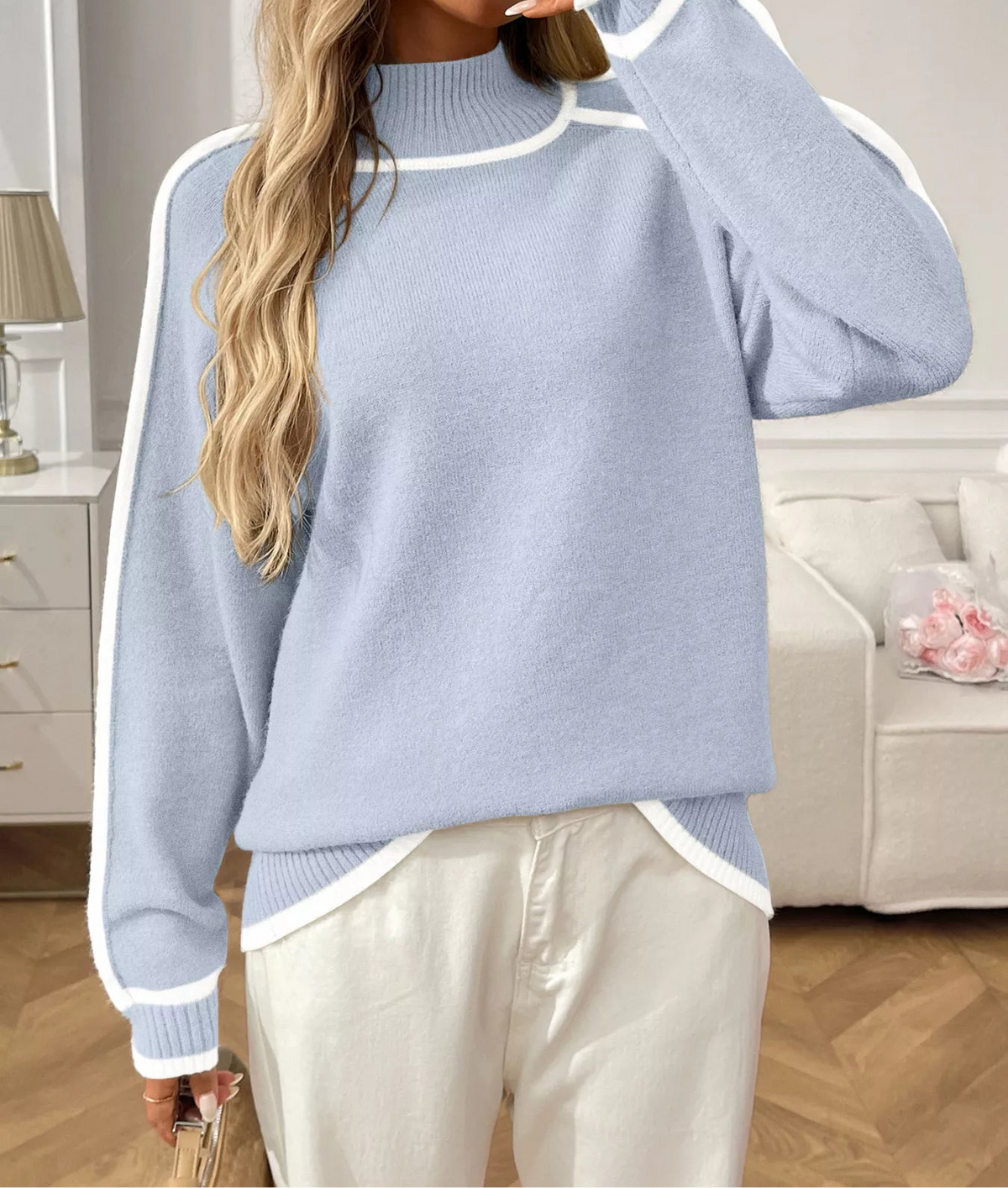 Contrast Trim Turtleneck Long Sleeve Sweater