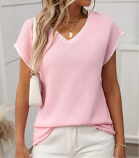 Contrast Trim V-Neck Short Sleeve Knit Top