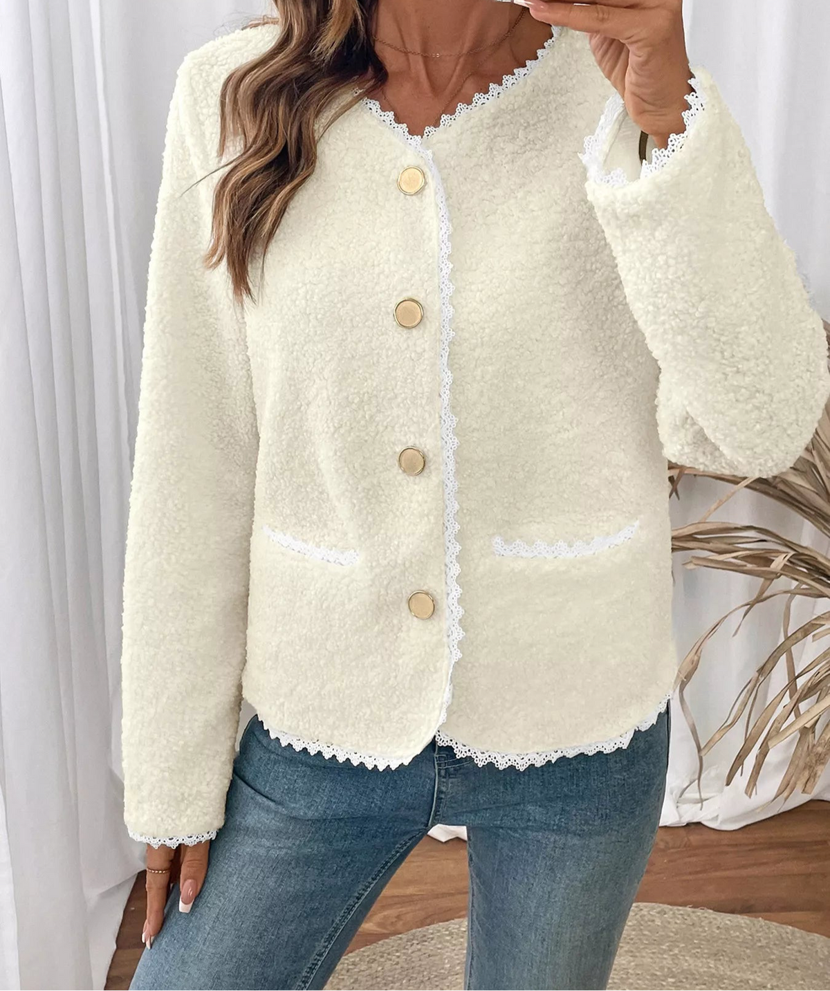 Lace Detail Button Up Long Sleeve Outerwear
