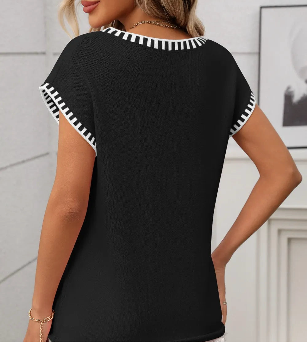 Contrast Trim V-Neck Short Sleeve Knit Top