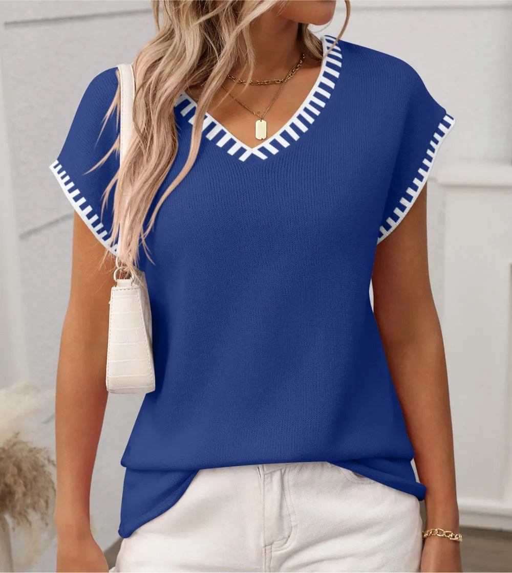 Contrast Trim V-Neck Short Sleeve Knit Top