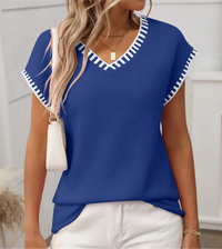 Contrast Trim V-Neck Short Sleeve Knit Top