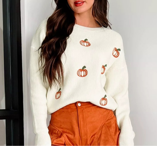 NEW LIFE: Halloween Pumpkin Embroidered Round Neck Long Sleeve Sweater