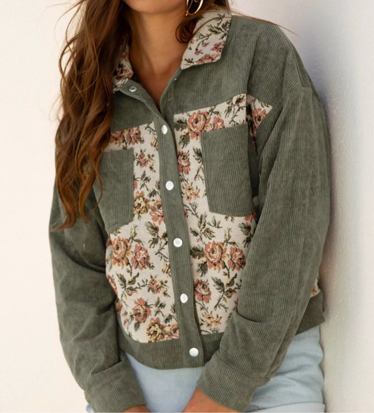 Floral Snap Down Corduroy Jacket