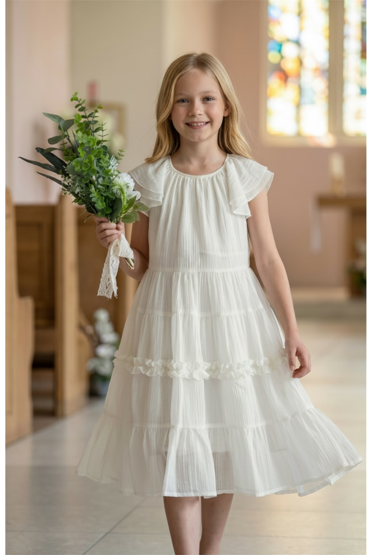 Cream Color Flutter Sleeve Tiered First Communion Dress