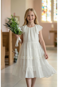 Cream Color Flutter Sleeve Tiered First Communion Dress