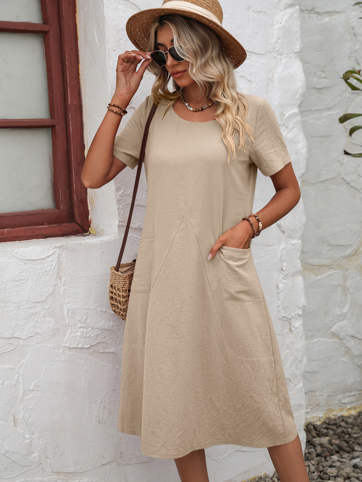 beige dress with pockets Beige Mock Neck Front Pocket Short Sleeve Sweater Dress *FINAL SALE*