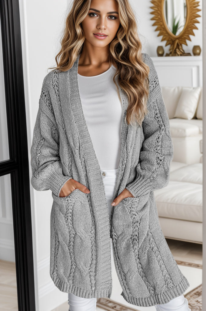 Fast Shipping-Cable-Knit Dropped Shoulder Slit Cardigan