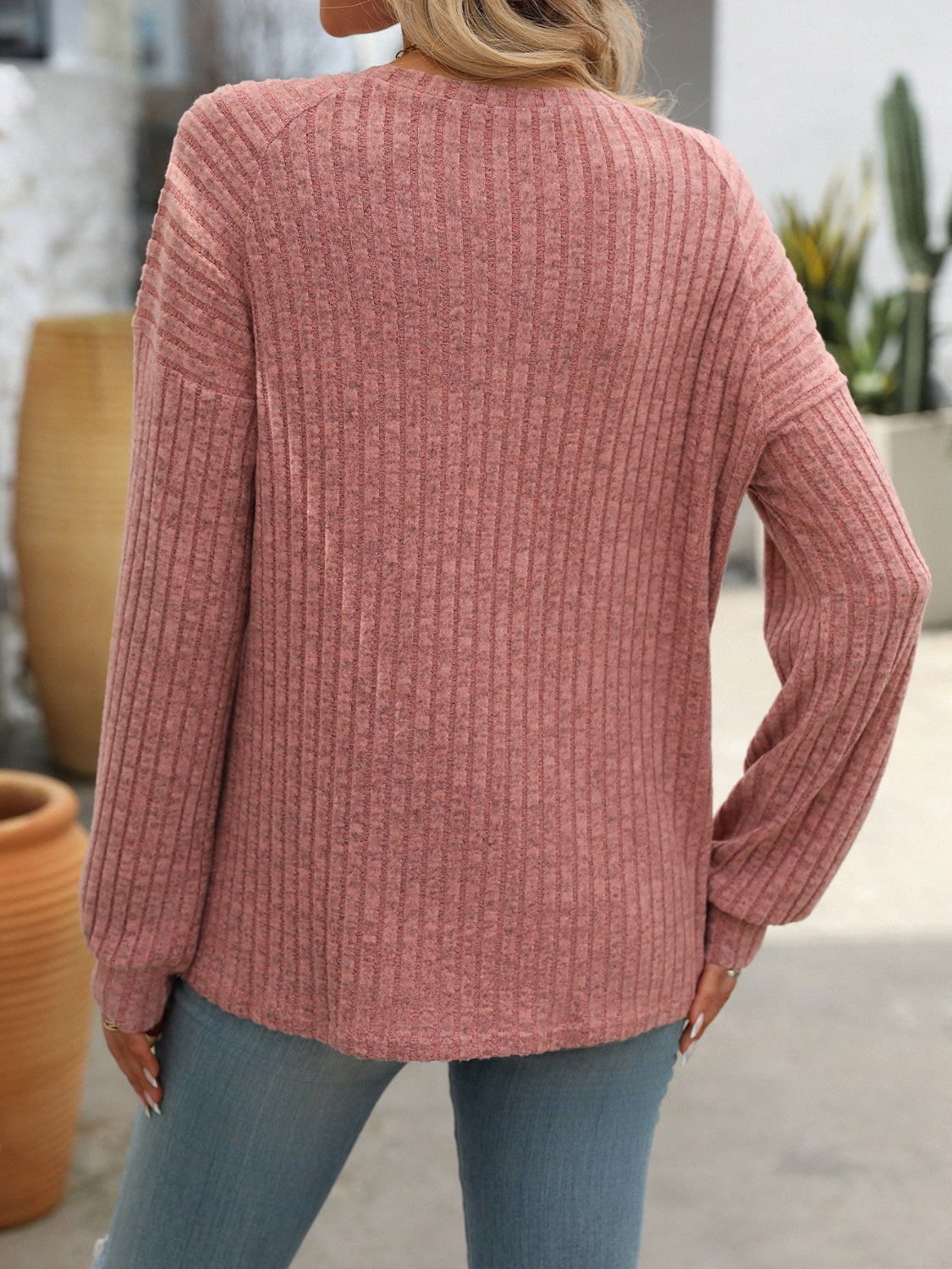 Fast Shipping-Button Long Sleeve Ribbed Sweater