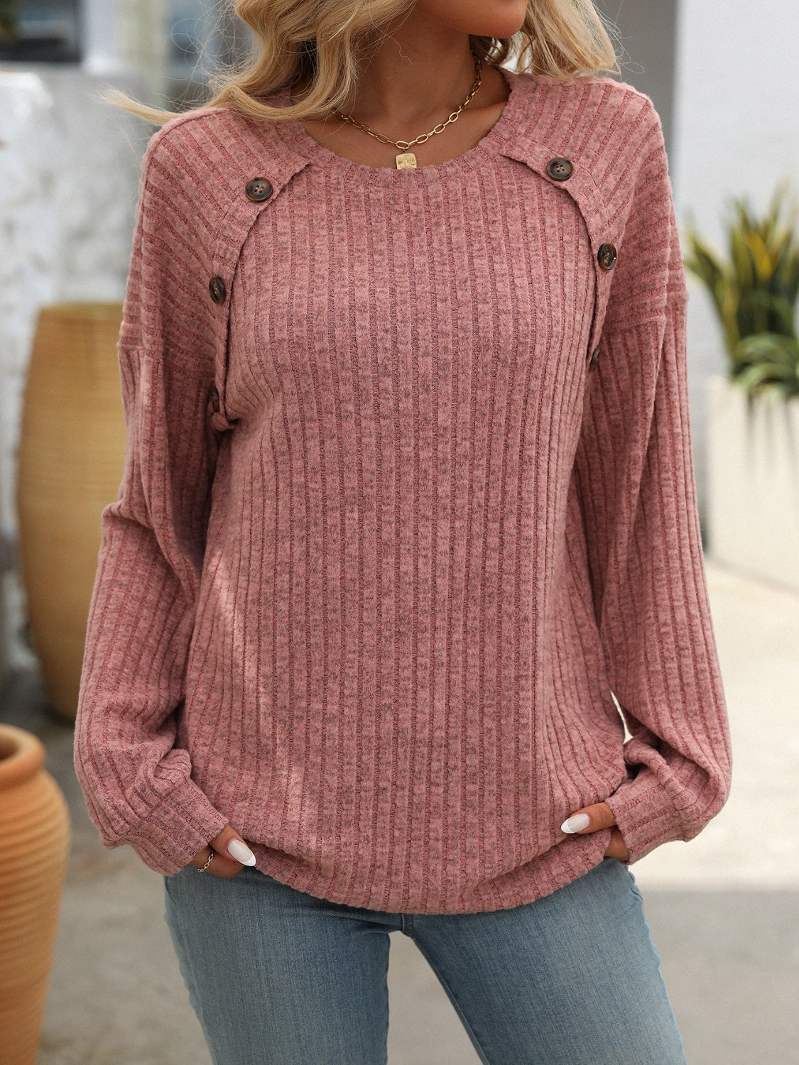 Fast Shipping-Button Long Sleeve Ribbed Sweater