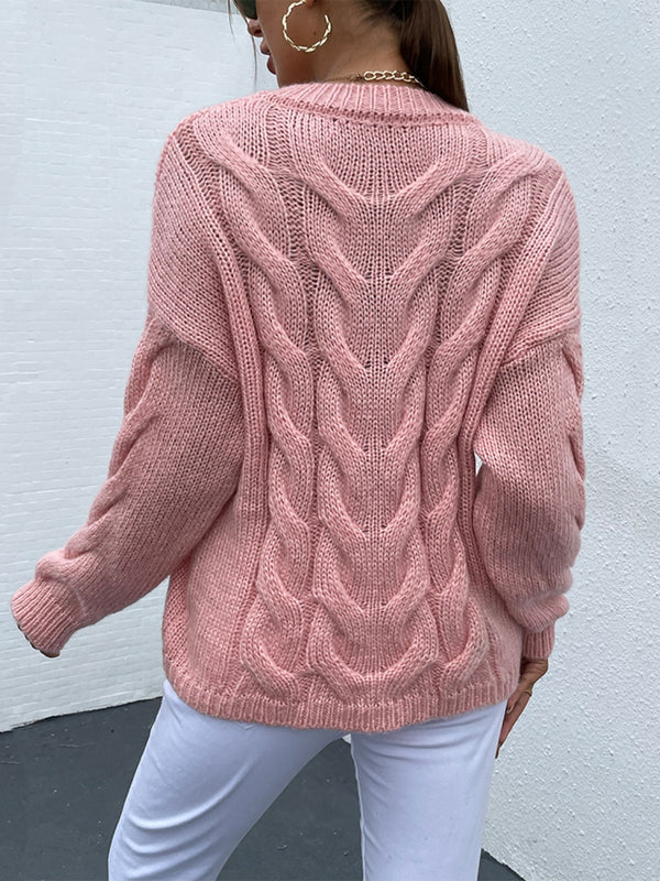 Shiny Cable-Knit Round Neck Long Sleeve Sweater