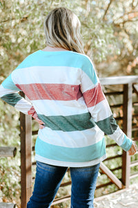 Plus Size Striped Slit Long Sleeve T-Shirt PLUS