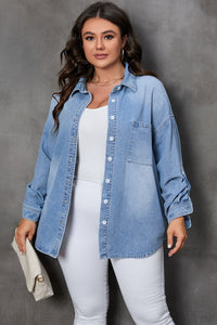 Plus Size Button Up Pocketed Denim Top PLUS